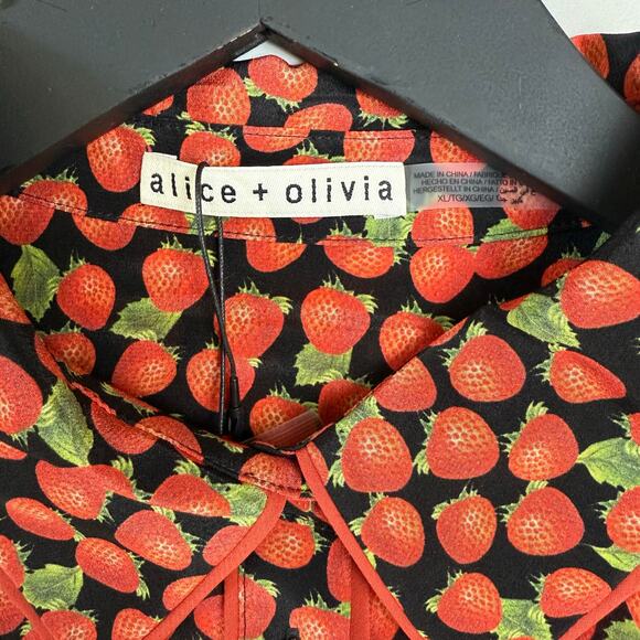 ALICE + OLIVIA Willa Long Sleeve Strawberry Print Silk Button-Up Shirt - Picture 5 of 9